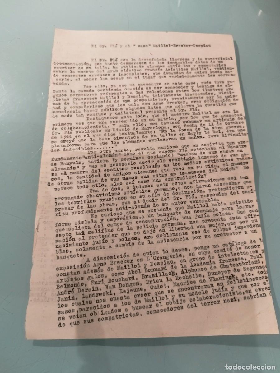 Militaria: Carta dirigida al Sr. Pla periodista. Escultor Aristide Maillol. Despu&eacute;s de la II guerra mundial.
