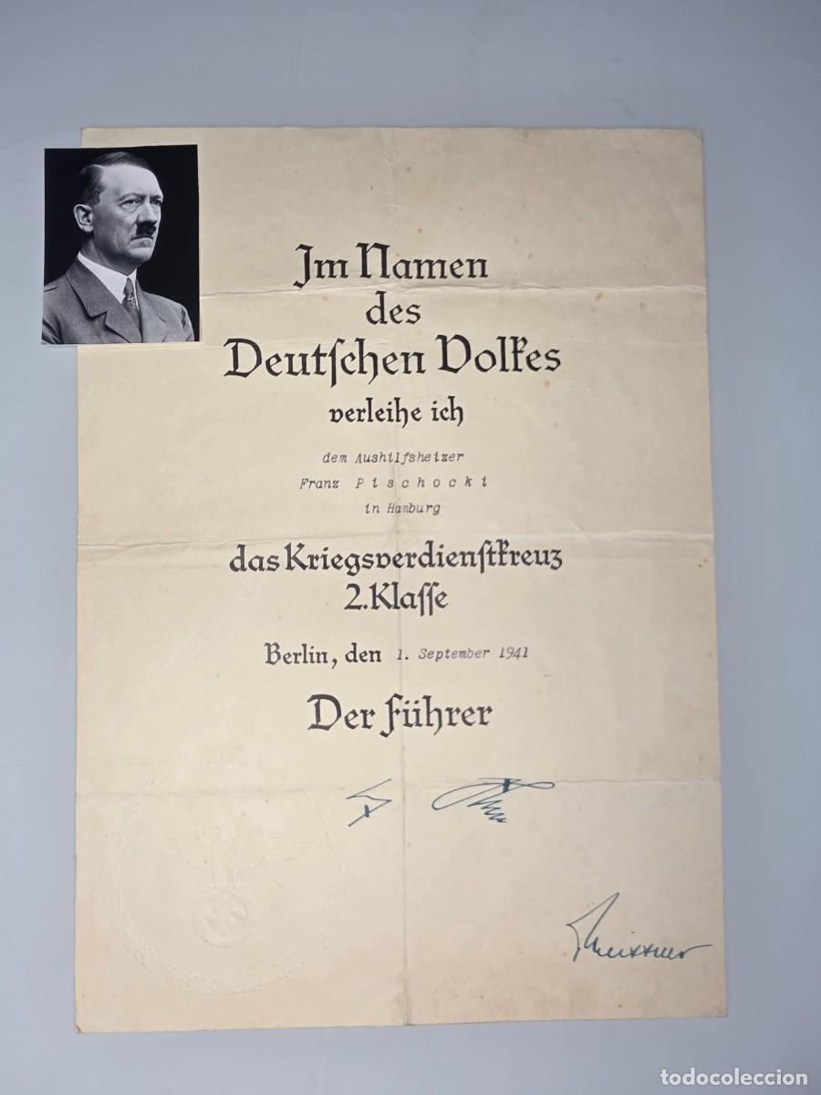 Militaria: Documento alem&aacute;n WWII Cruz M&eacute;rito Guerra 1941 con firma facs&iacute;mil de Adolf Hitler original