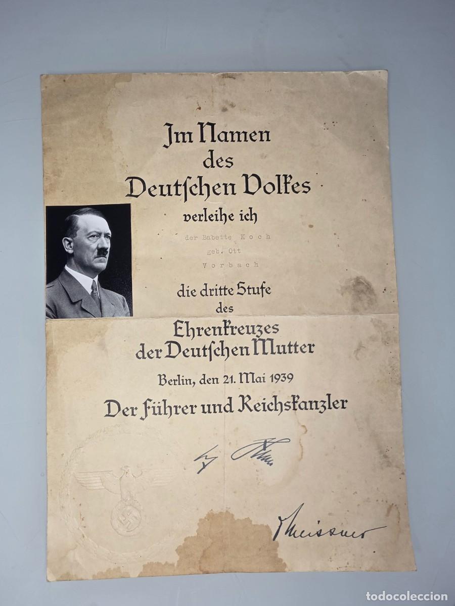 Militaria: Documento Mutterkreuz 1939 original con firma facs&iacute;mil Adolf Hitler &ndash; Cruz Madre alemana