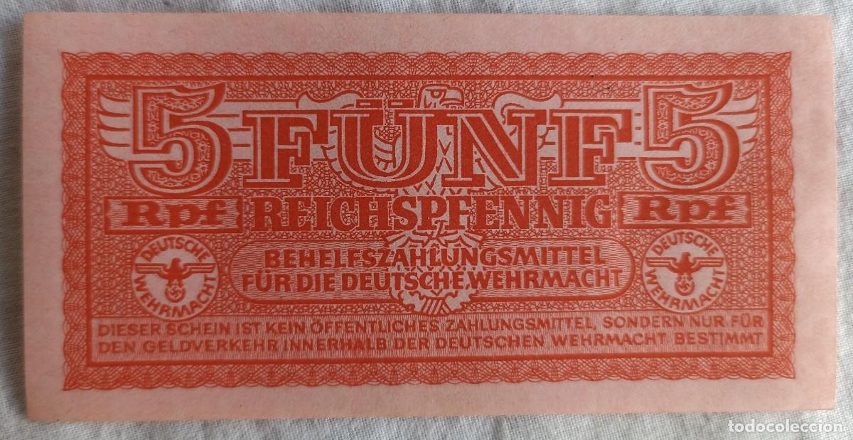 Militaria: Billete Deutsche, alem&aacute;n original de la Wehrmacht 5 Reichspfennig 1942 (III Reich Hitler- Alemania)
