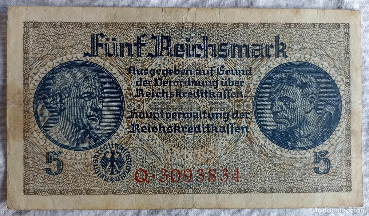 Militaria: Billete alem&aacute;n original 5 reichsmark 1940-1945 (III Reich Hitler- Alemania) WWII