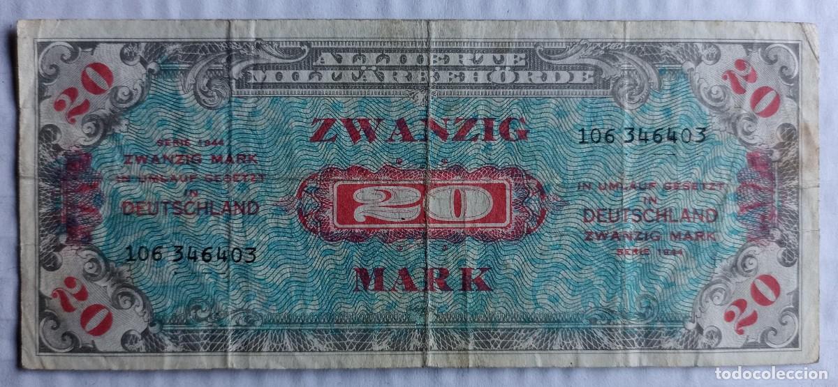 Militaria: Billete zwanzig mark (20 marcos), autoridad militar aliada (III Reich Hitler- Nazi- Alemania) WWII