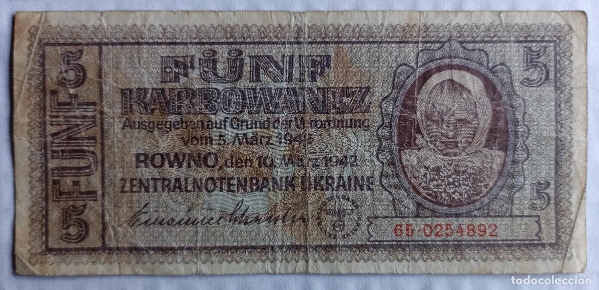 Militaria: Billete f&uuml;nf karbowanez, ocupaci&oacute;n alemana (III Reich Hitler- Nazi- Alemania) WWII