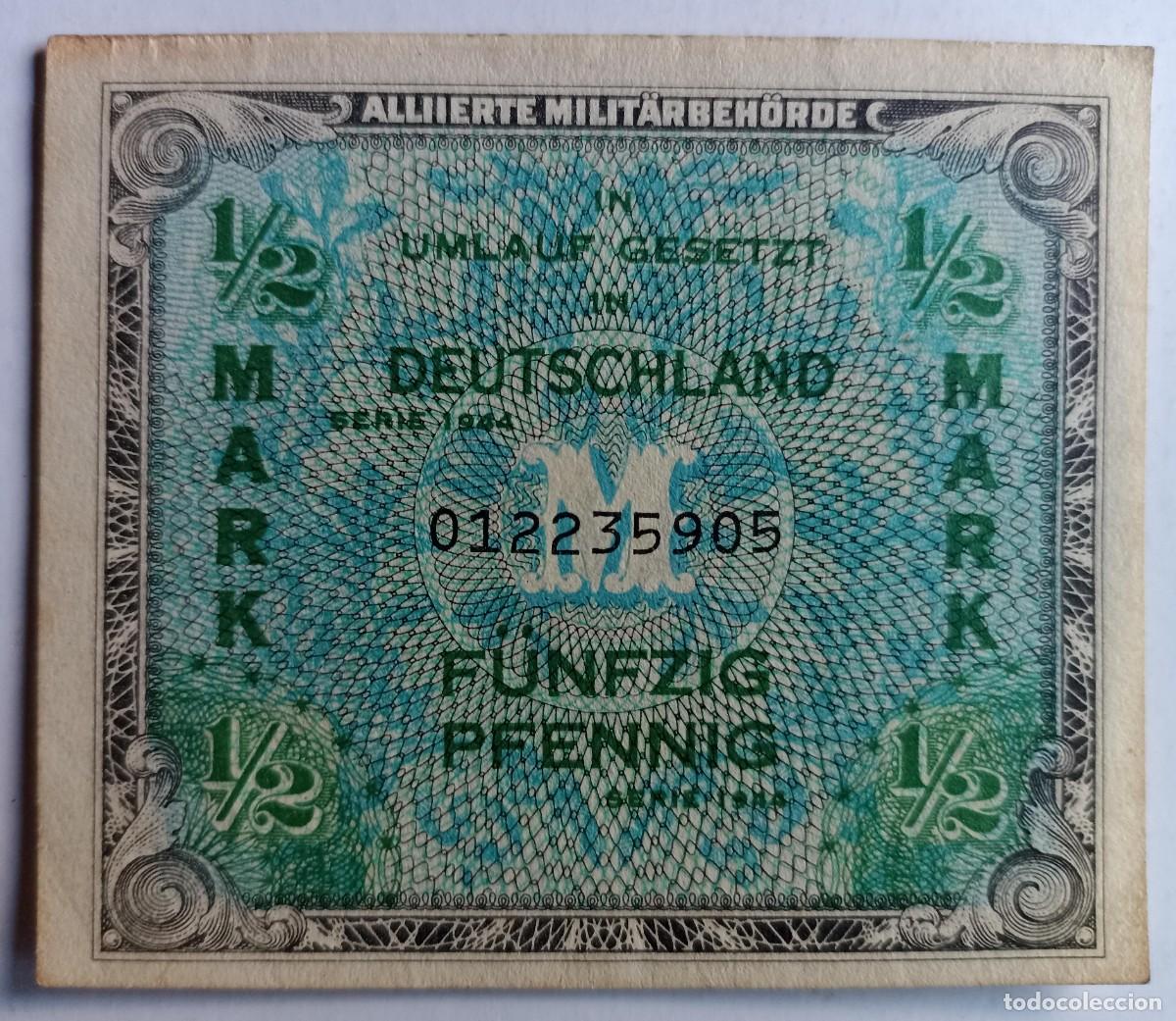 Militaria: Billete 1/2 mark, autoridad militar aliada (III Reich Hitler- Nazi- Alemania) WWII