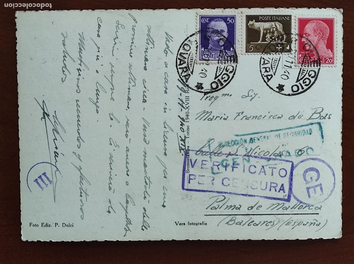 Military Antiques: POSTAL CIRCULADA DE ITALIA A PALMA MALLORCA 1940 CON CU&Ntilde;OS CENSURADO Y VERIFICATO CENSURA