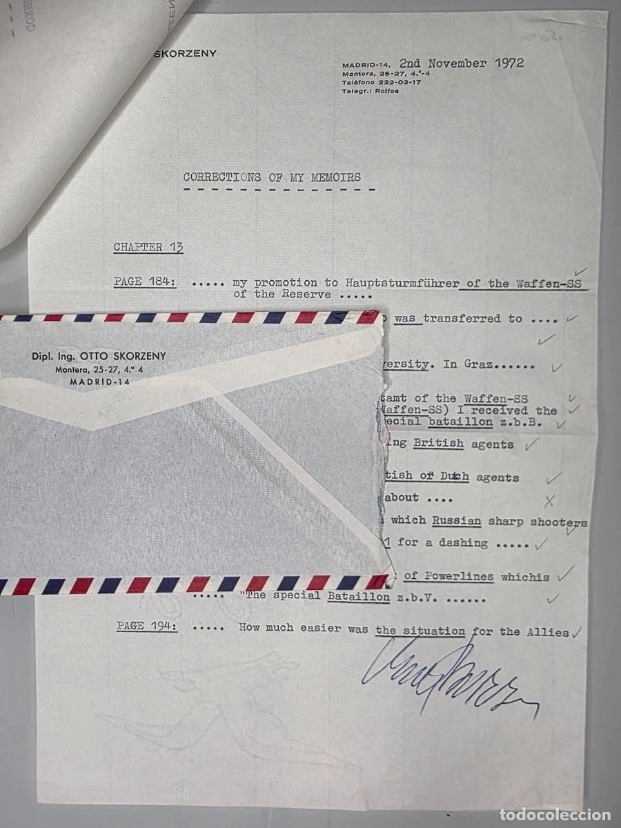 Militaria: Documento firmado por Otto Skorzeny &ndash; Correcciones de sus memorias IIWW II Guerra Mundial 1972