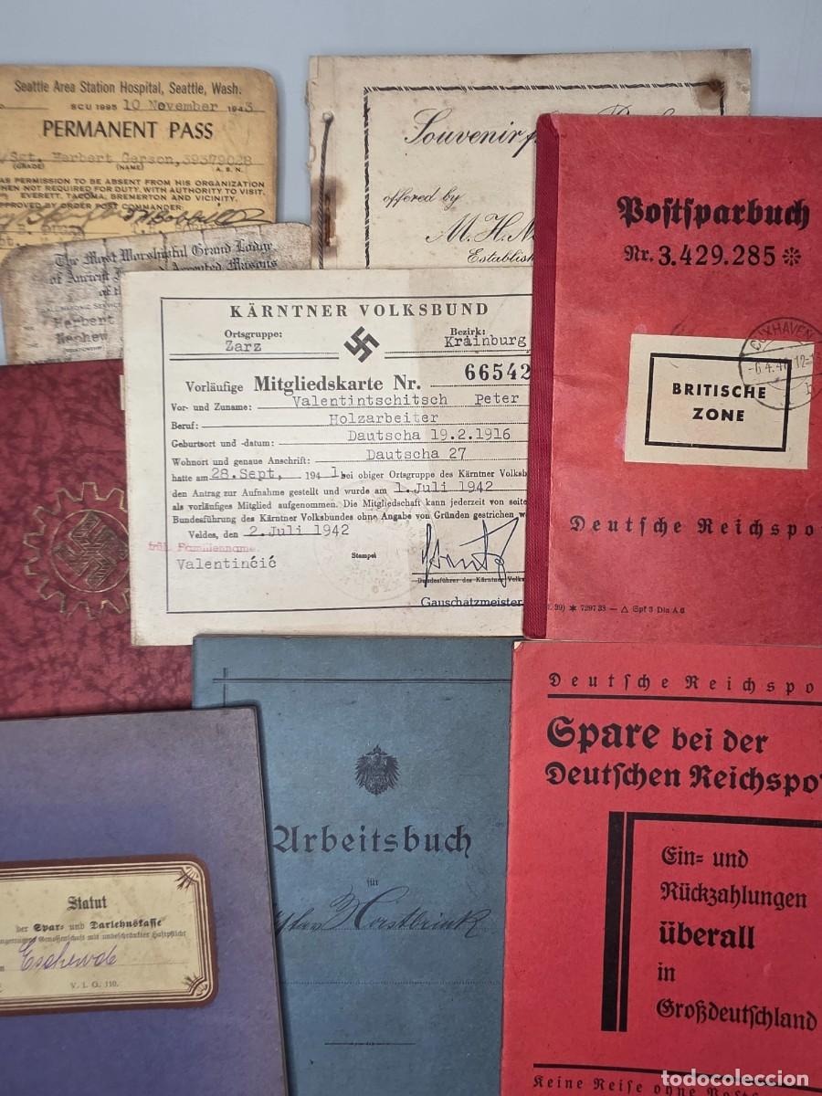 Militaria: Lote documentos hist&oacute;ricos Alemania 1901&ndash;1949 &ndash; Arbeitsbuch, Postsparbuch, K&auml;rntner Volksbund y WWII