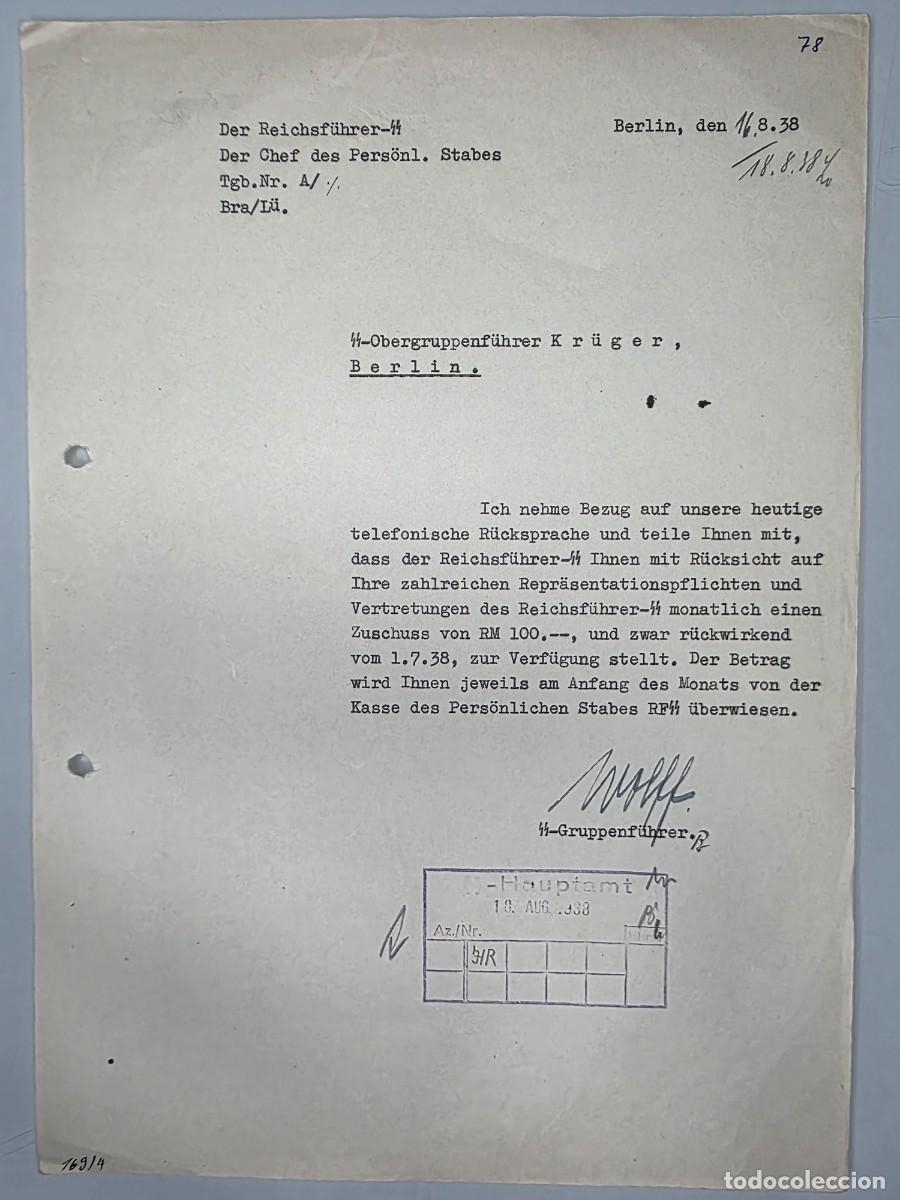 Militaria: Carta original firmada por Karl Wolff a Friedrich-Wilhelm Kr&uuml;ger &ndash; Reichsf&uuml;hrer-SS, Berl&iacute;n 1938