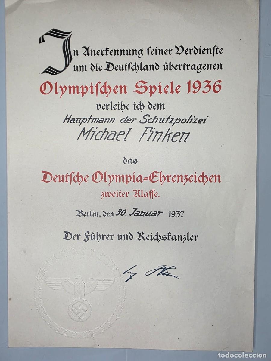 Militaria: Documento original Deutsches Olympia-Ehrenzeichen 2&ordf; Clase Firma Facsimil Hitler &ndash; Berl&iacute;n 1937 IIWW