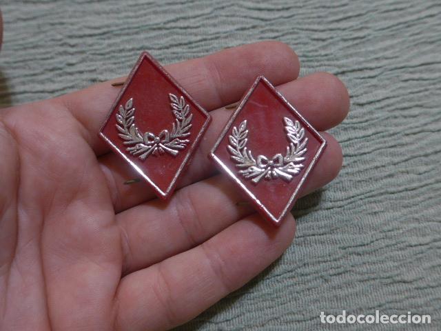 Militaria: Antigua pareja de insignias rombos de plastico de Veterinaria militar, originales.