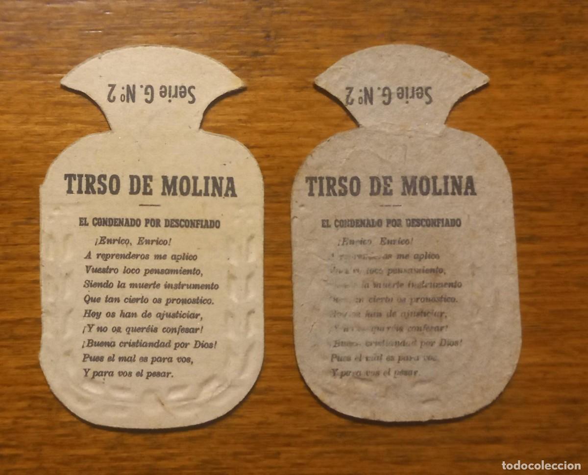 Militaria: 2 Emblemas auxilio social, Serie G, N&ordm; 2 TIRSO DE MOLINA, variantes de color del carton.