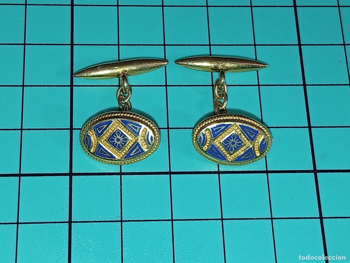 Militaria: Gemelos Antiguos Art D&eacute;co - Esmalte Azul y Sol - Sistema de Cadena