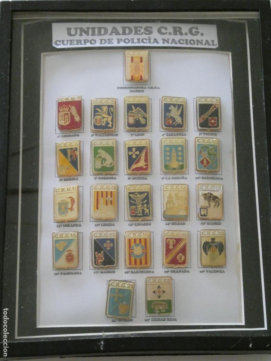 Militaria: CUADRO COMPLETO 23 INSIGNIAS PINS POLICIALES- CUERPO POLIC&Iacute;A NACIONAL COMPA&Ntilde;&Iacute;A RESERVA GENERAL 630GR