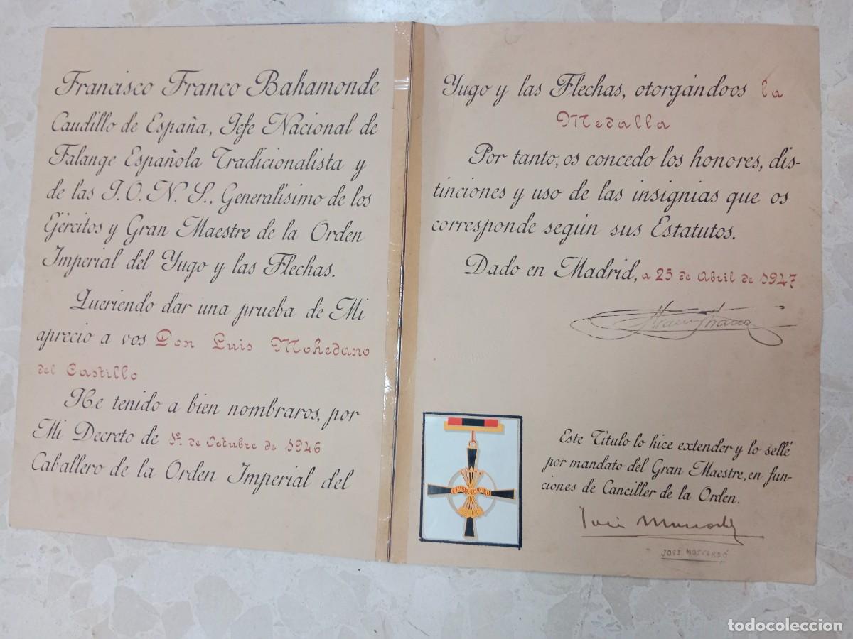 Militaria: CONCESION NOMBRAMIENTO CABALLERO Y MEDALLA ORDEN DEL YUGO Y LAS FLECHAS 1947 FIRMA GENERAL MOSCARDO