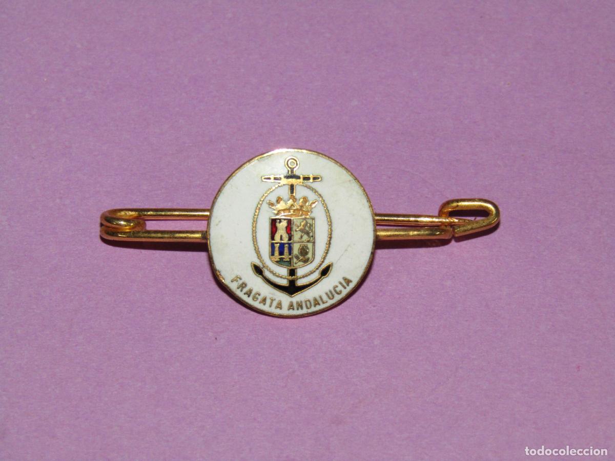 Militaria: Antiguo Alfiler de Corbata en Metal Dorado y Esmaltes de la Fragata ANDALUCIA