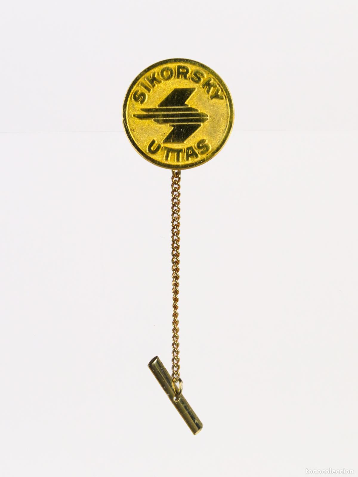 Militaria: Pin avi&oacute;n motor Sikorsky Uttas para helic&oacute;ptero militar metal dorado esmalte segunda mitad S XX