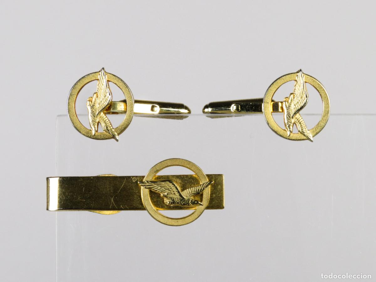 Militaria: Pinza pisacorbatas y gemelos aviaci&oacute;n &aacute;guila Pratt & Whitney metal dorado segunda mitad S XX