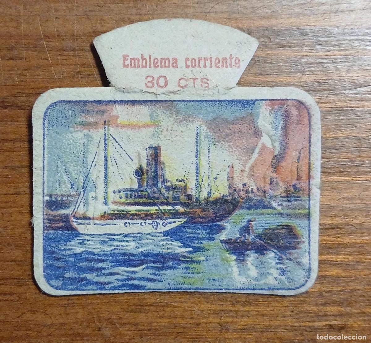 Militaria: Emblema auxilio social, CORRIENTE 30 CTS, serie M, N&ordm; 7, BILBAO.