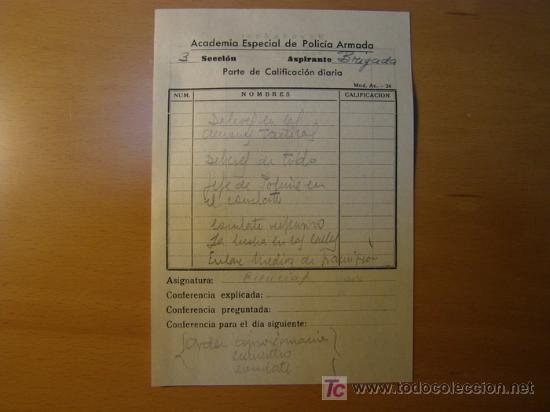 Militaria: Documento: Parte de calificaci&oacute;n diaria de la Academia de la Policia Armada. A&ntilde;o 1964.