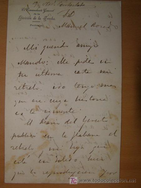 Militaria: Carta manuscrita del General Agust&iacute;n de Luque y Coca. Guerra de Cuba. DIVISION DE LA TROCHA.