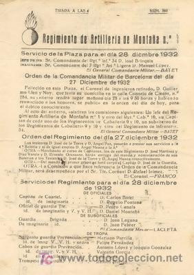 Militaria: 1932 ORDEN DEL REGIMIENTO DE ARTILLERIA DE MONTA&Ntilde;A N&ordm; 1
