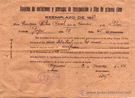 Military Antiques: REVISION DE EXCLUSIONES Y PRORROGAS DE INCORPORACION A FILAS.ALGEMESI,VALENCIA,A&Ntilde;O 1944