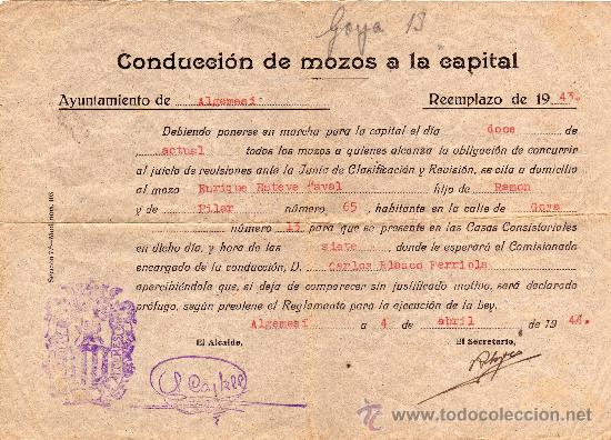 Militaria: AYUNTAMIENTO DE ALGEMESI,VALENCIA.CONDUCCION DE MOZOS A LA CAPITAL.REEMPLAZO 1943.