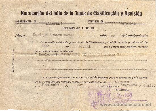 Militaria: AYUNTAMIENTO DE ALGEMESI,VALENCIA.NOTIFICACION DEL FALLO DE LA JUNTA DE CLASIFICACION Y REVISION.