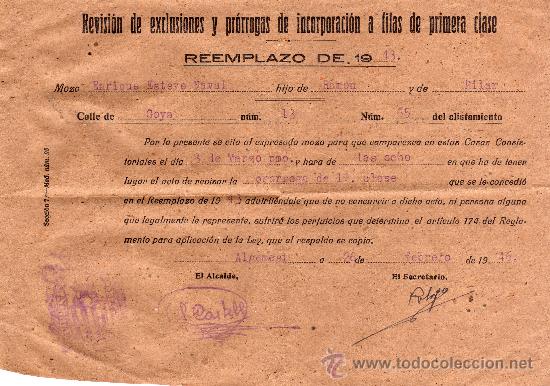 Military Antiques: AYUNTAMIENTO DE ALGEMESI,VALENCIA.REVISION DE EXCLUSIONES Y PRORROGAS DE INCORPORACION A FILAS.