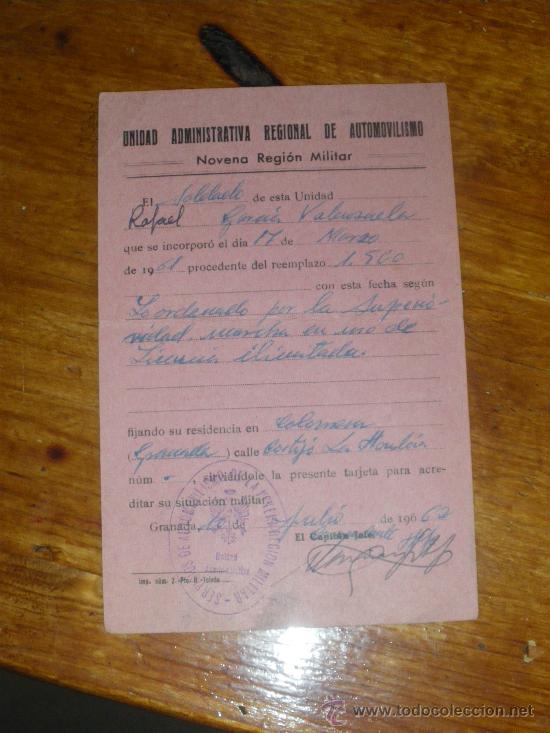Militaria: PASE DE LICENCIA ILIMITADA. UNIDAD ADMINISTRATIVA REGIONAL DE AUTOMOVILISMO. 9&ordf; REGION MILITAR.