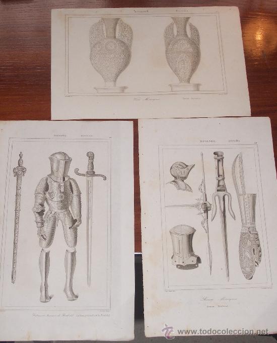 Militaria: 1844. Conjunto de tres grabados de armas, armaduras y cer&aacute;mica moriscas. Originales