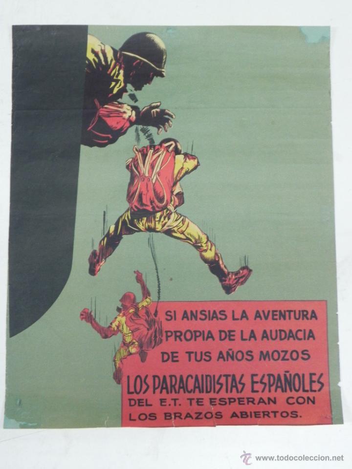 Military Antiques: ANTIGUO CARTEL DE LOS PARACAIDISTAS ESPA&Ntilde;OLES DEL EJERCITO DE TIERRA, A&Ntilde;OS 50, MIDE 52 X 41 CMS