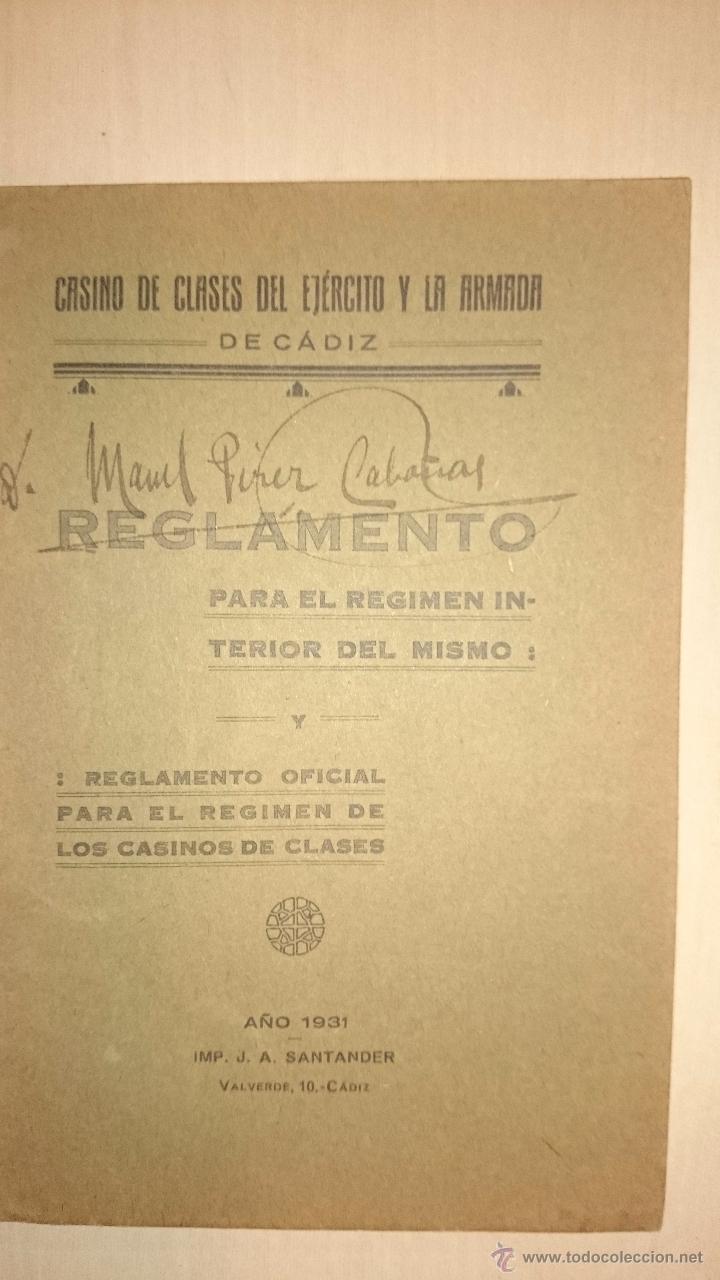 Militaria: 1931 - REGLAMENTO CASINO DE CLASES DEL EJERCITO Y LA ARMADA DE CADIZ