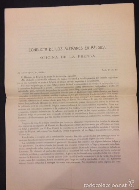 Militaria: CONDUCTA DE LOS ALEMANES EN BELGICA, OFICINA DE PRENSA 1914