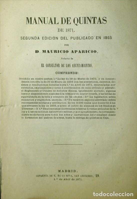 Militaria: APARICIO, Mauricio.  Manual de Quintas de 1871...