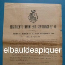 Militaria: ORDEN DEL CANTON DIA 24 DE DICIEMBRE DE 1898.LEGANES.REGIMIENTO DE INFANTERIA COVADONGA Nº 40. Lote 99108635