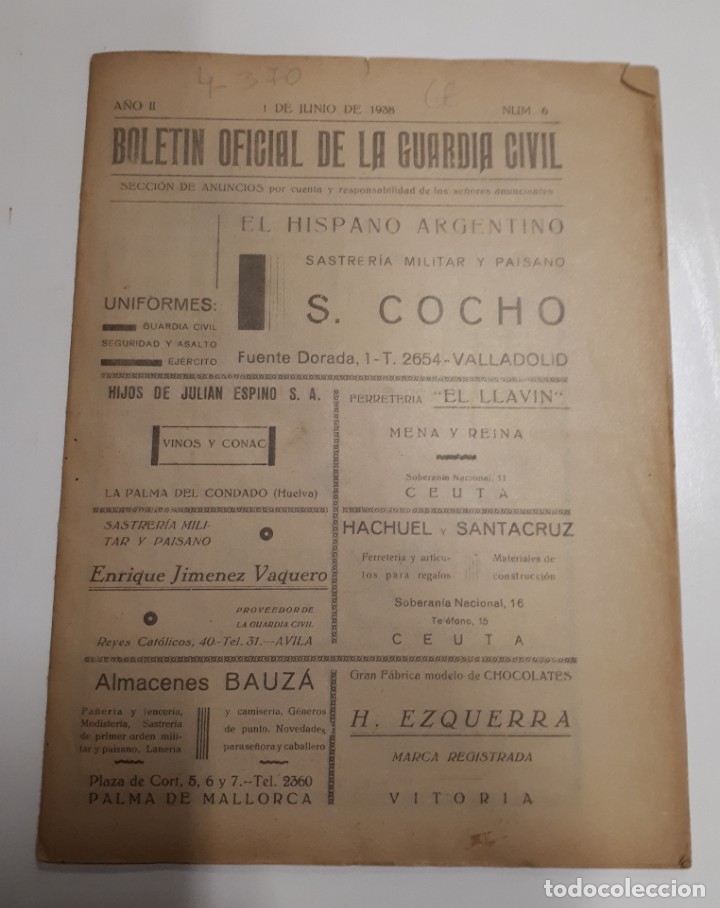 Militaria: Bolet&iacute;n oficial de la Guardia Civil, 1 de junio de 1938