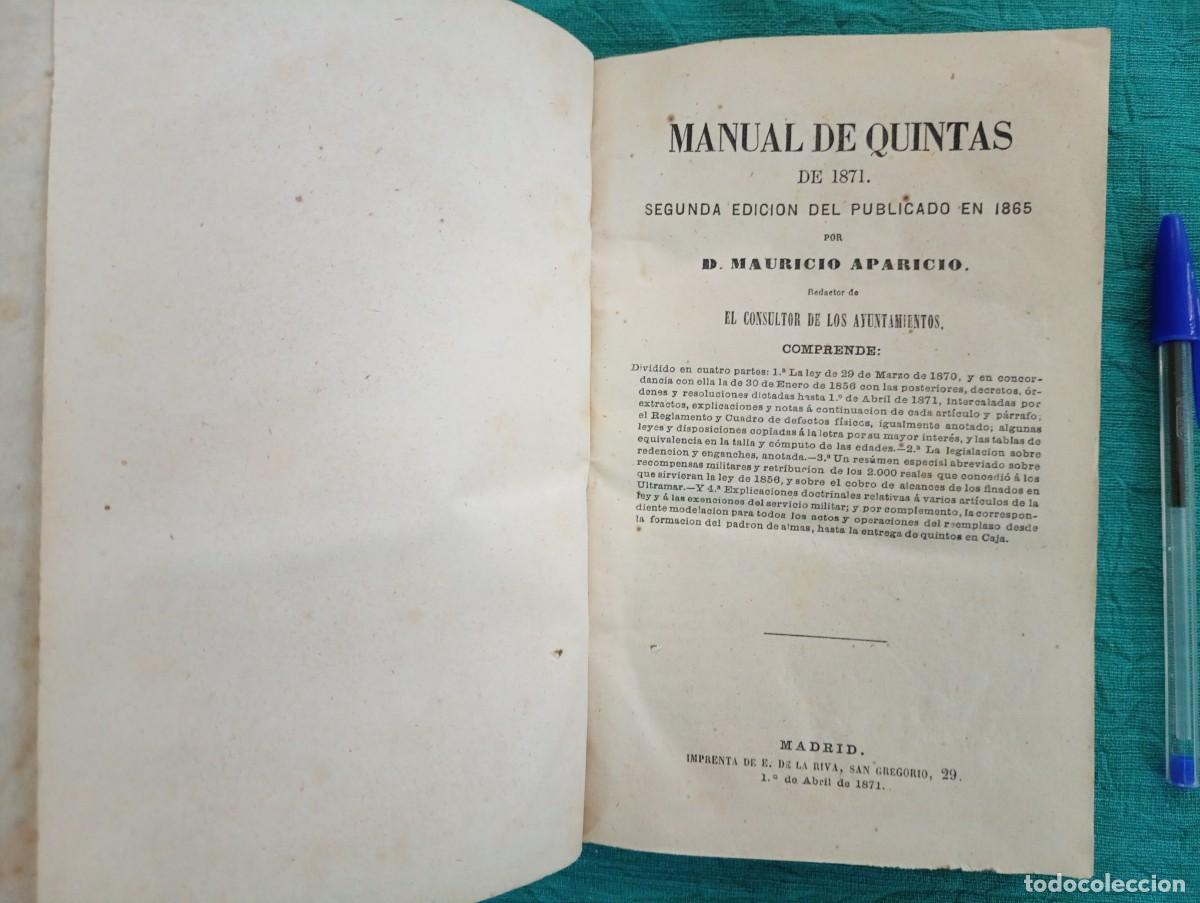 Militaria: Antiguo libro MANUAL DE QUINTAS de 1871. Mauricio APARICIO. Madrid 1871