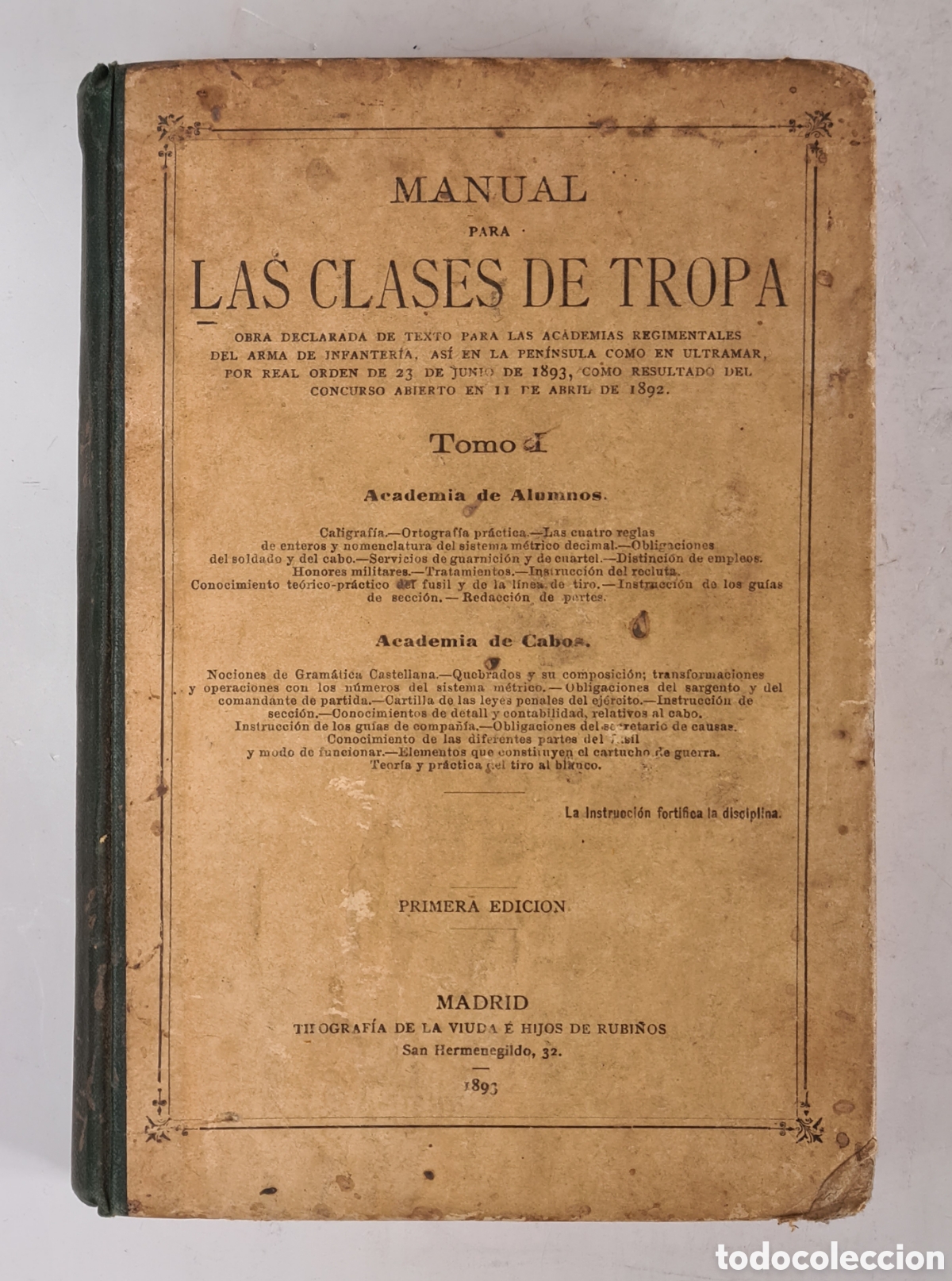 Militaria: Antiguo Manual Clases Tropa 1893 Primera Edici&oacute;n - Infanter&iacute;a Regimiento Tarragona Isla Cuba