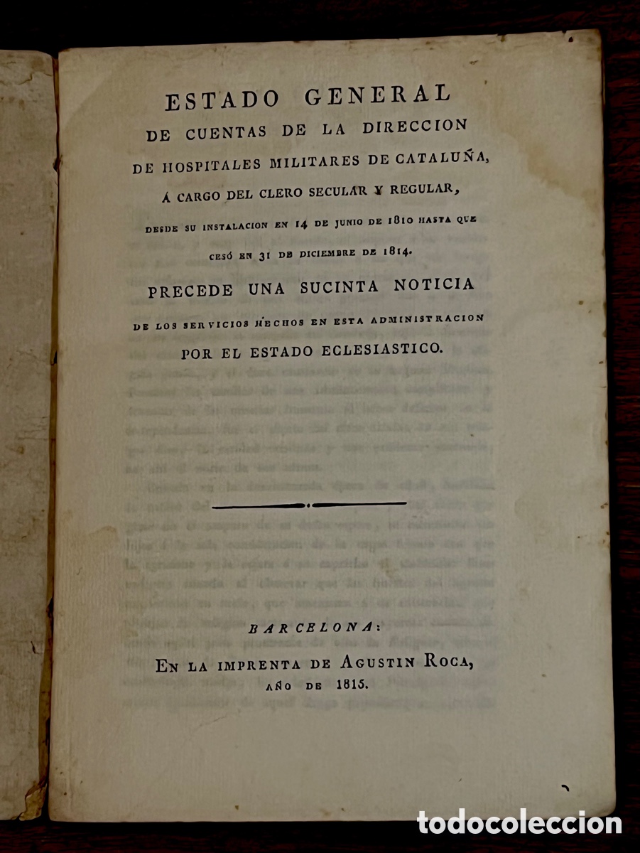 Militaria: ESTADO GENERAL DE CUENTAS DE LA DIRECCI&Oacute;N DE HOSPITALES DE CATALU&Ntilde;A - 1815 - AGUSTIN ROCA