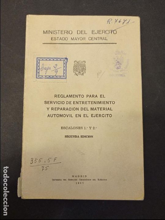Militaria: 1967-Reglamento para el servicio de entretenimiento y reparaci&oacute;n de material autom&oacute;vil del Ej&eacute;rcito