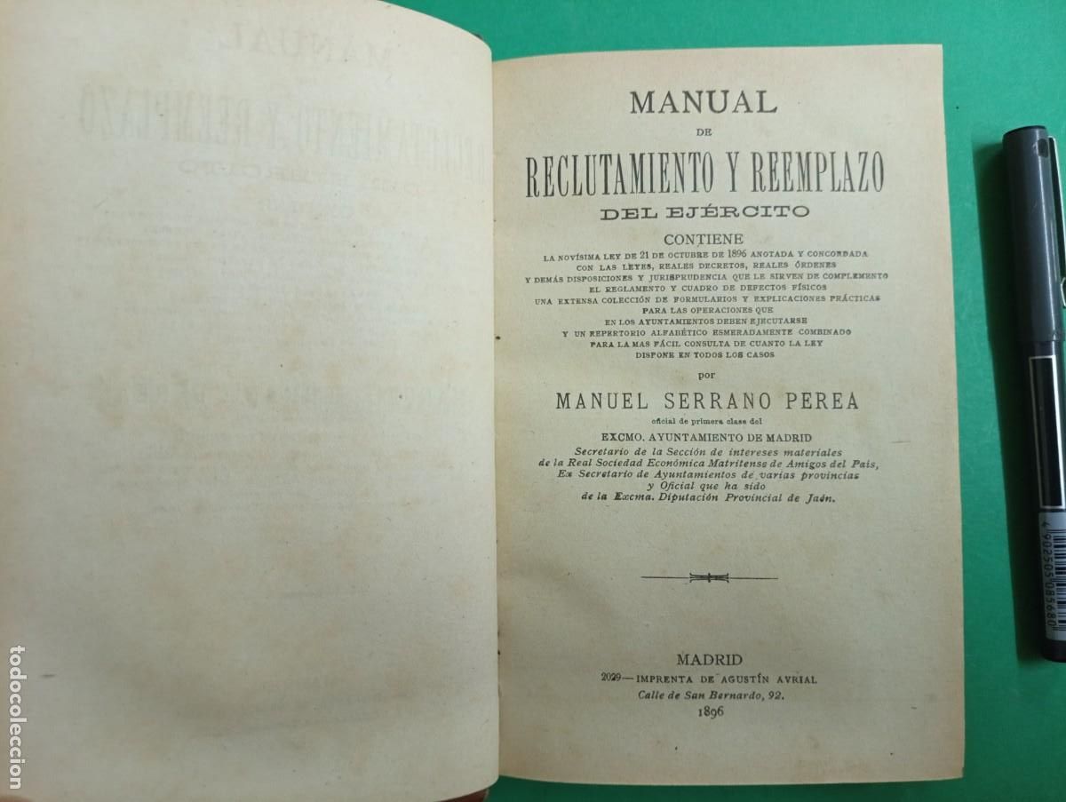 Militaria: Antiguo libro Manual de reclutamiento y Reemplazo del Ej&eacute;rcito. Madrid 1896.