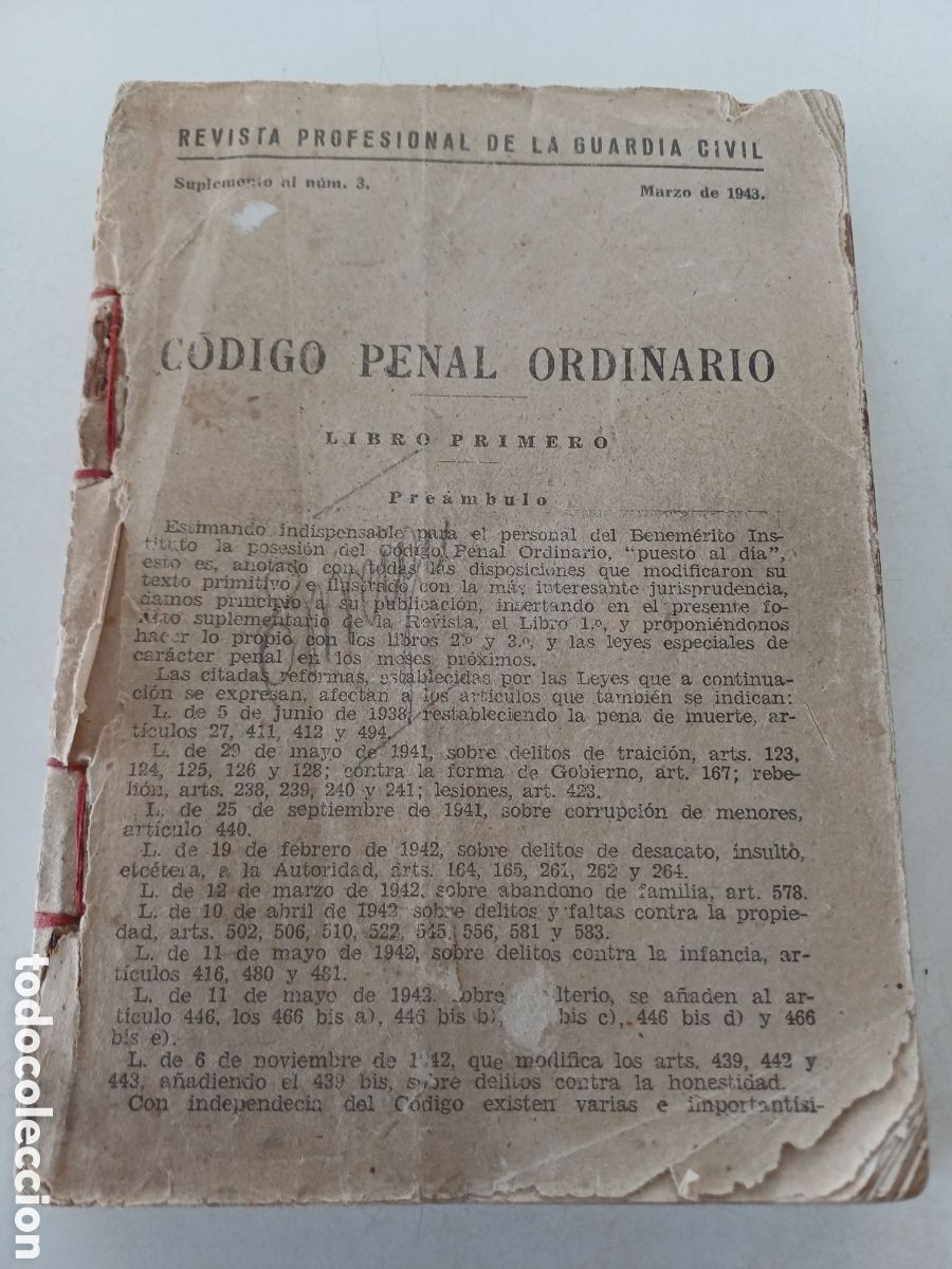 Militaria: C&oacute;digo penal ordinario 1943 Revista profesional de la Guardia civil