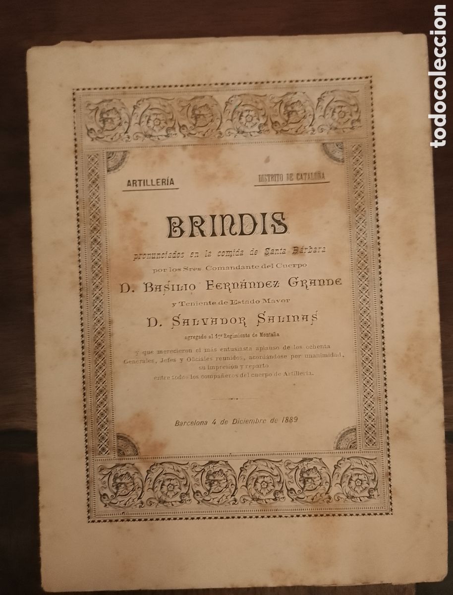 Militaria: BRINDIS. COMIDA DE SANTA B&Aacute;RBARA. FERN&Aacute;NDEZ GRANDE - SALINAS B. ARTILLERIA. BARCELONA, 1889