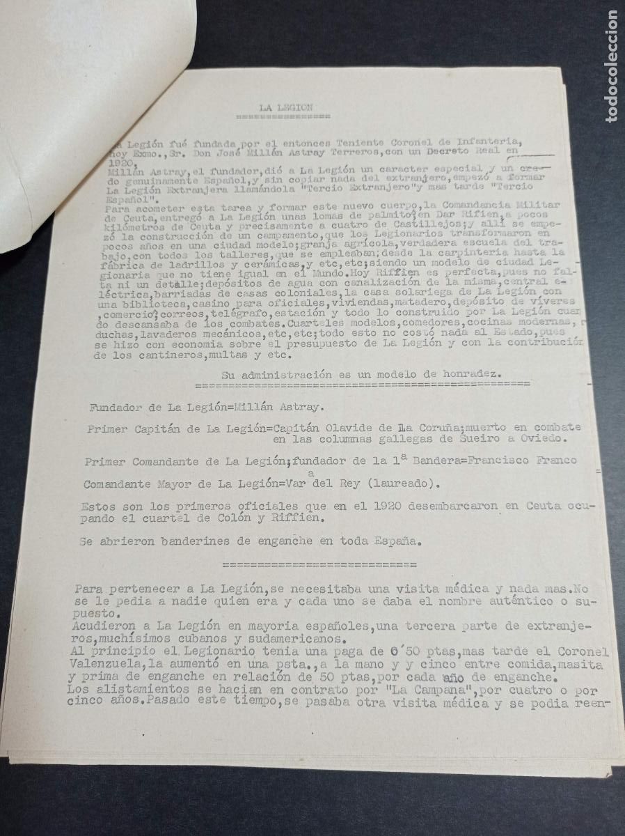 Military Antiques: Mecanoscrito de los a&ntilde;os 40 sobre la administraci&oacute;n e historia de la Legi&oacute;n espa&ntilde;ola