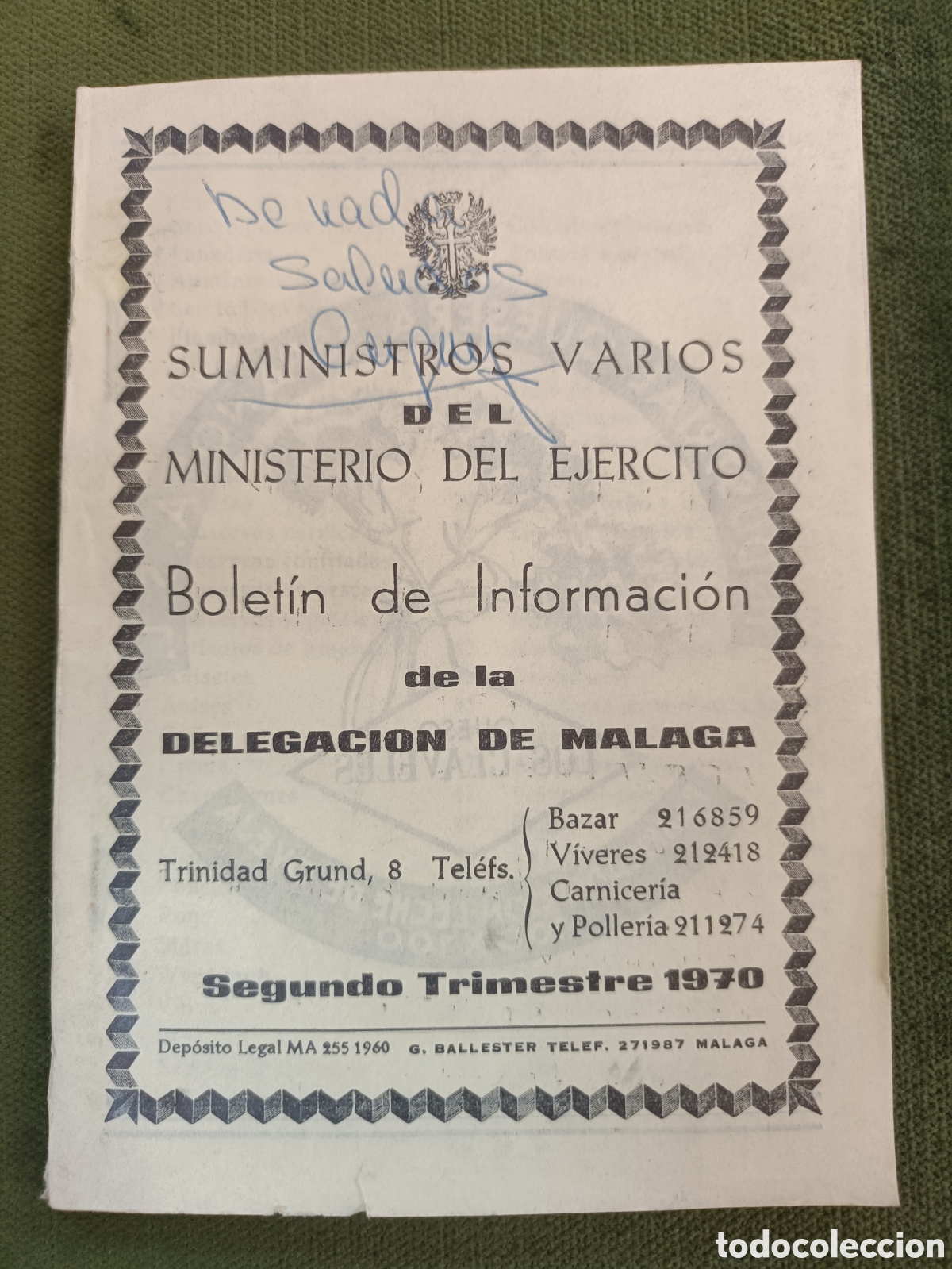 Militaria: Suministros varios del ministerio del ejercito Bolet&iacute;n de informaci&oacute;n delegaci&oacute;n de M&aacute;laga 1970.
