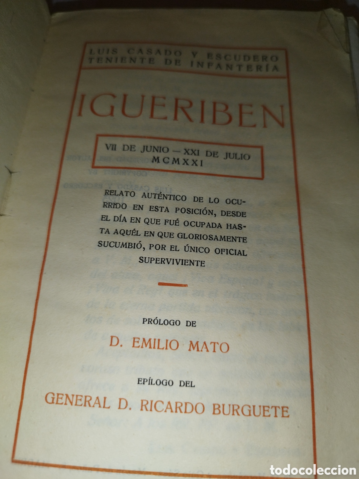 Militaria: IGUERIBEN (7 DE JUNIO-21 DE JULIO 1921).- LUIS CASADO Y ESCUDERO (TENIENTE). PRIMERA EDICION 1923