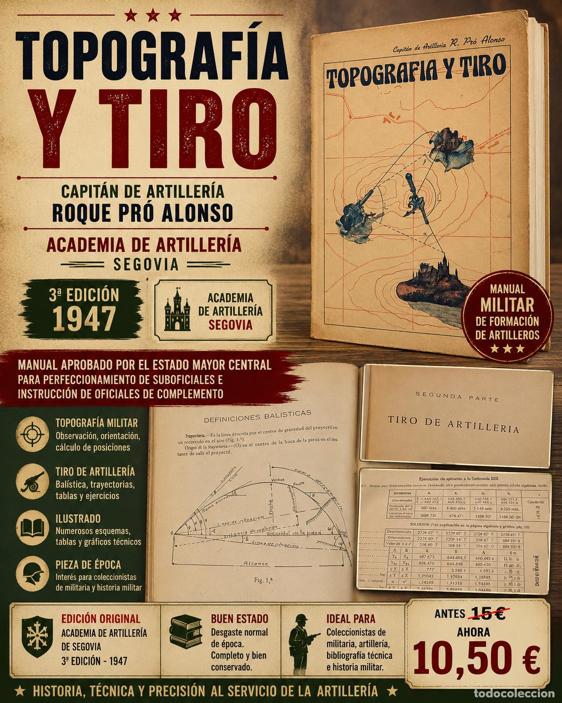 Militaria: TOPOGRAF&Iacute;A Y TIRO | ROQUE PR&Oacute; ALONSO | ACADEMIA DE ARTILLER&Iacute;A SEGOVIA | 3&ordf; ED. 1947