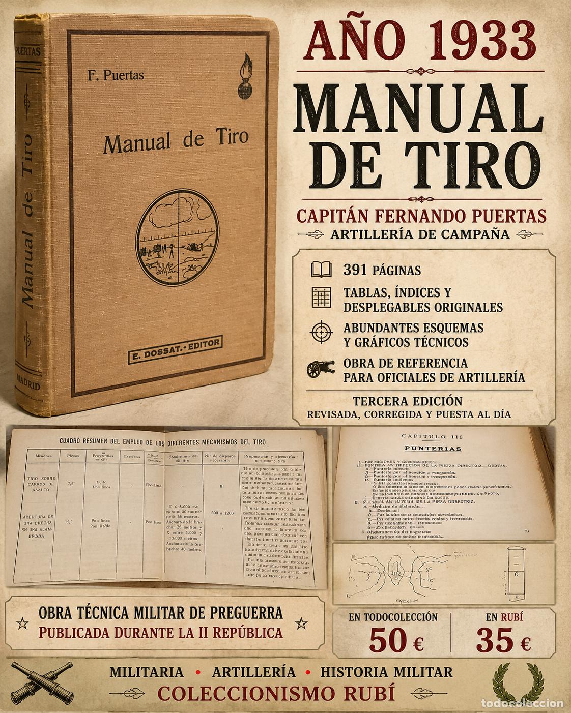 Militaria: A&Ntilde;O 1933 | MANUAL DE TIRO | FERNANDO PUERTAS | ARTILLER&Iacute;A DE CAMPA&Ntilde;A | DOSSAT
