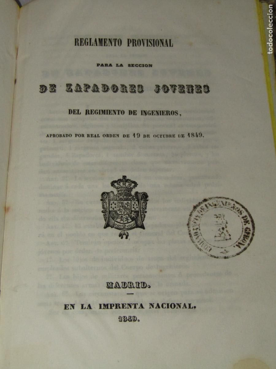 Militaria: Antiguo REGLAMENTO PROVISIONAL para la Secci&oacute;n de ZAPADORES J&Oacute;VENES del Rgto. de Ingenieros de 1849
